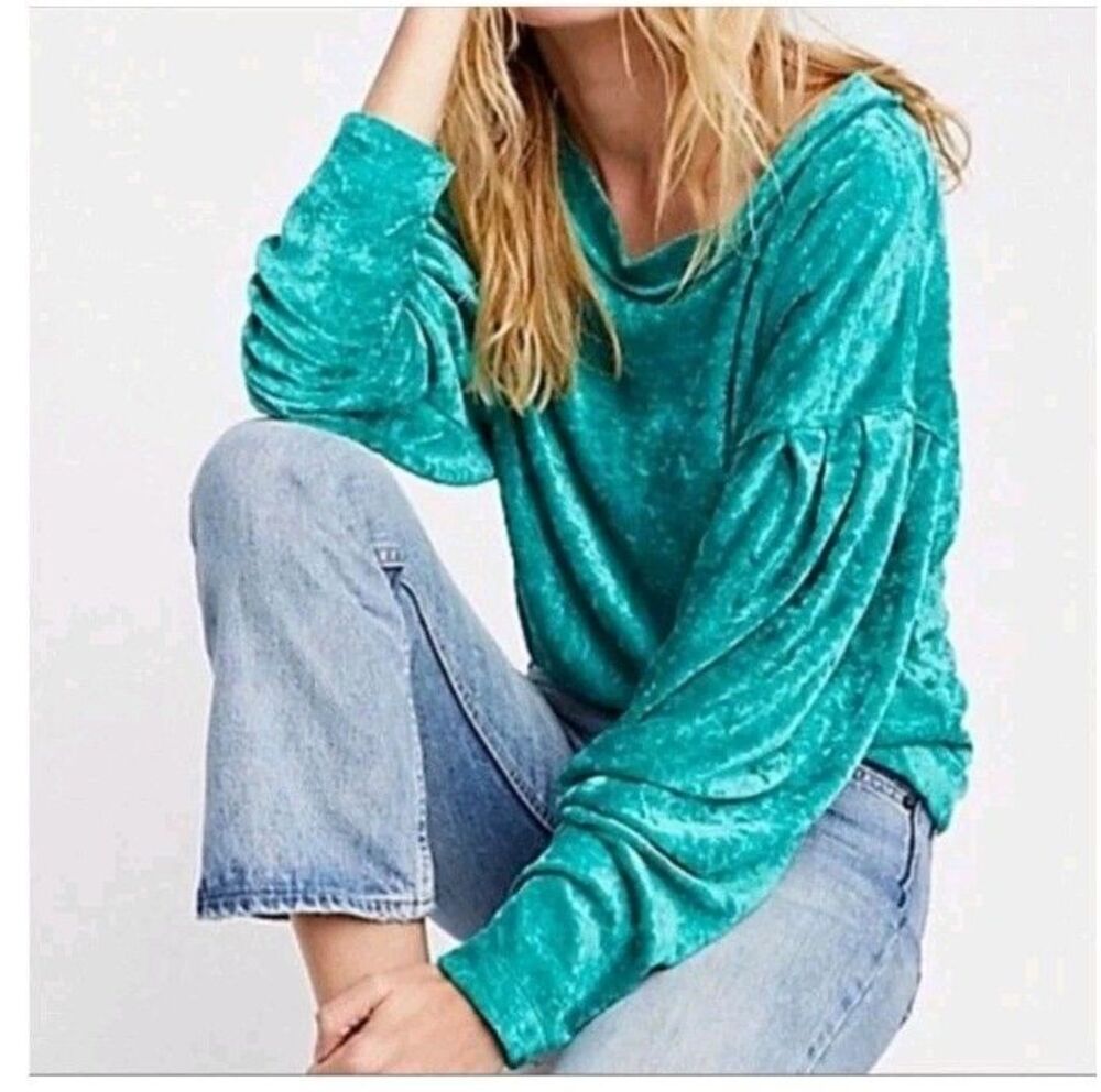 Free People We the Free Milan Crushed Velvet Top Women's XS Teal Oversized D251